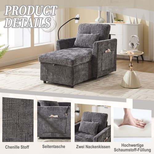 Fauteuil Paresseux Multifonctionnel Avec Dossier Rabattable, Tissu Chenille, Gris