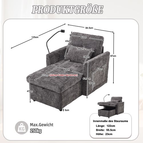 Fauteuil Paresseux Multifonctionnel Avec Dossier Rabattable, Tissu Chenille, Gris