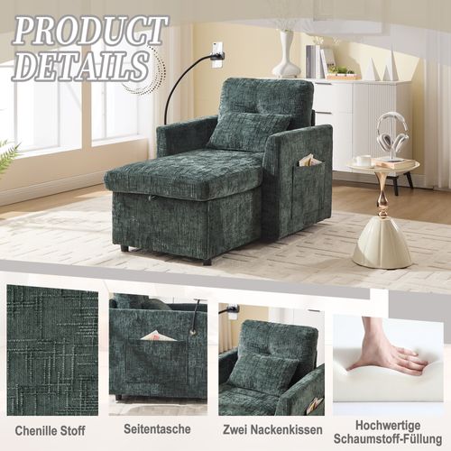 Fauteuil Paresseux Multifonctionnel Avec Dossier Rabattable, Tissu Chenille, Vert Émeraude