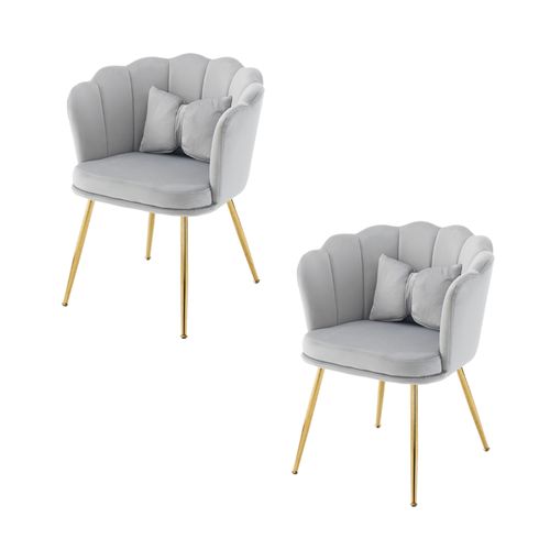 Fauteuil Moderne En Velours Avec Dossier Pétale Et Pieds Dorés Pour Salon, Lot De 2, Gris