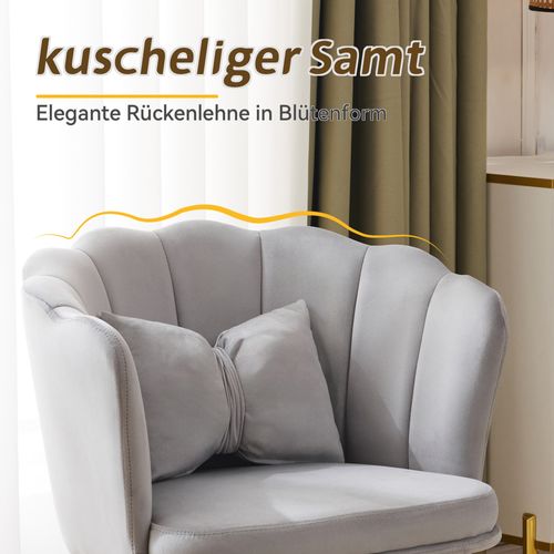 Fauteuil Moderne En Velours Avec Dossier Pétale Et Pieds Dorés Pour Salon, Lot De 2, Gris