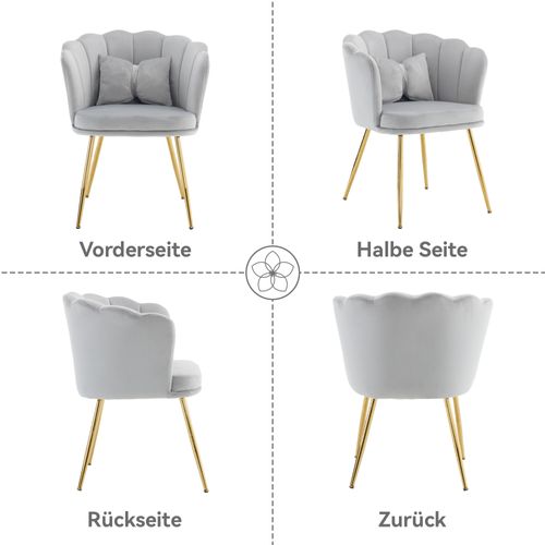 Fauteuil Moderne En Velours Avec Dossier Pétale Et Pieds Dorés Pour Salon, Lot De 2, Gris
