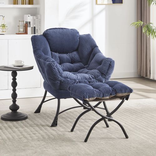 Fauteuil Lounge Paresseux Avec Repose-pieds, Accoudoirs Et Poche Latérale, Bleu Marine