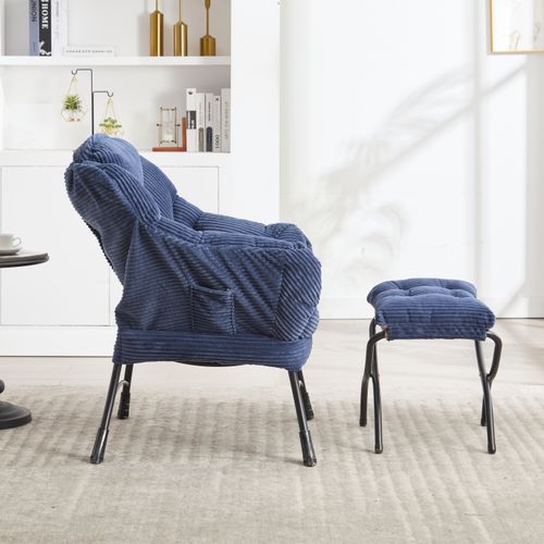 Fauteuil Lounge Paresseux Avec Repose-pieds, Accoudoirs Et Poche Latérale, Bleu Marine