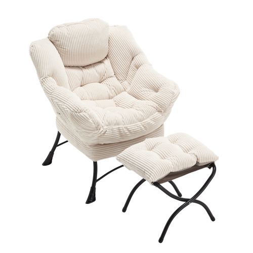 Fauteuil Lounge Paresseux Avec Repose-pieds, Accoudoirs Et Poche Latérale, Blanc