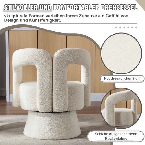 Fauteuil Pivotant 360° En Bouclé Beige, Design Rond Et Confortable Pour Salon