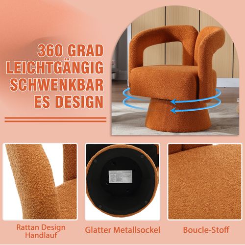 Fauteuil Pivotant 360° En Bouclé Orange, Design Rond Et Confortable Pour Salon