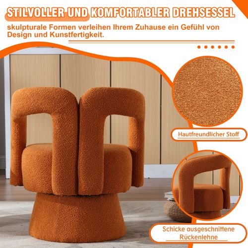 Fauteuil Pivotant 360° En Bouclé Orange, Design Rond Et Confortable Pour Salon