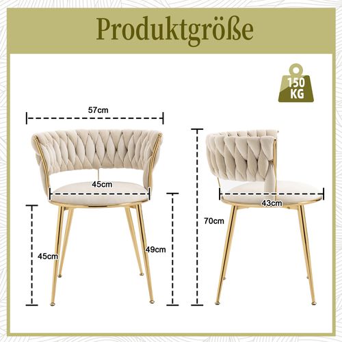 Lot De 2 Chaises Salle à Manger En Velours Doux, Dossier Moderne Avec Accoudoirs Dorés