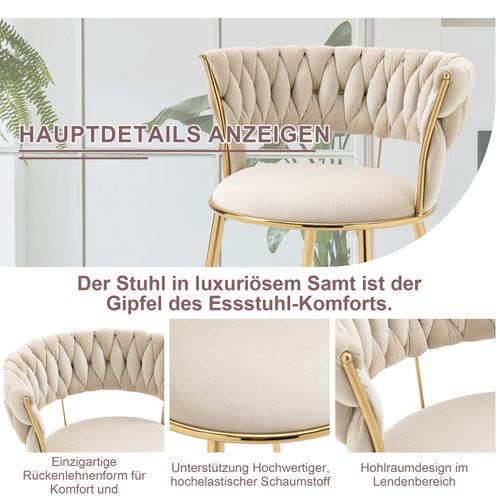 Lot De 2 Chaises Salle à Manger En Velours Doux, Dossier Moderne Avec Accoudoirs Dorés