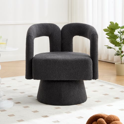 Fauteuil Pivotant 360° En Tissu Bouclé Gris Foncé, Siège Rembourré Pour Salon Et Bureau