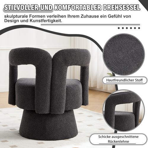Fauteuil Pivotant 360° En Tissu Bouclé Gris Foncé, Siège Rembourré Pour Salon Et Bureau