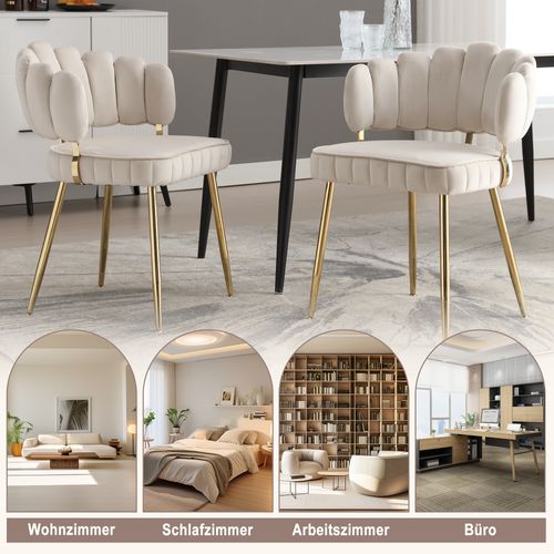 Fauteuil Velours Ivoire Avec Dossier Fleur, Lot De 2, Élégant Et Confortable