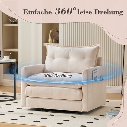 Fauteuil Lounge Pivotant 360° Avec Accoudoirs, Grand Fauteuil Moderne Pour Salon Et Bureau, Beige