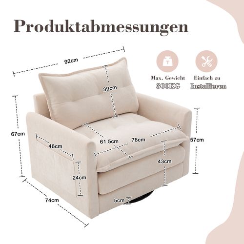 Fauteuil Lounge Pivotant 360° Avec Accoudoirs, Grand Fauteuil Moderne Pour Salon Et Bureau, Beige