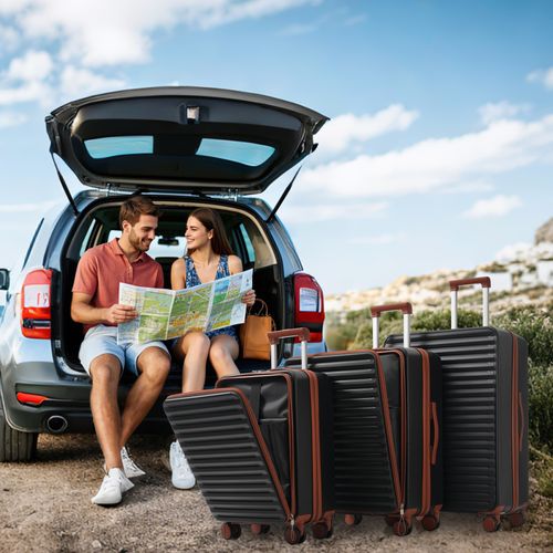 Set De 3 Valises Rigides Abs Avec Ouverture Frontale, Porte-gobelet Et Serrure Tsa, Noir Antique