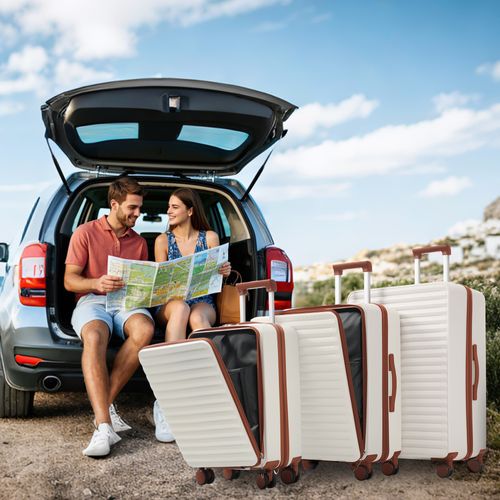 Set De 3 Valises Rigides Abs Avec Ouverture Frontale, Porte-gobelet Et Serrure Tsa, Blanc Antique