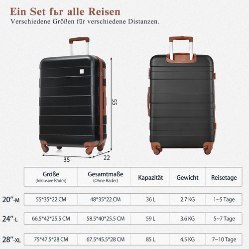 Set De Valises Rigides M-l-xl Noir En Abs Avec Roues 360° Et Serrure