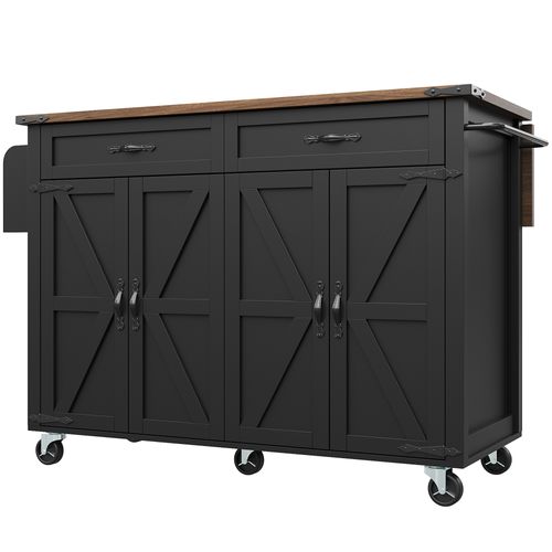 Îlot De Cuisine Noir Avec Roulettes, Plateau Extensible, 2 Tiroirs Et 4 Portes