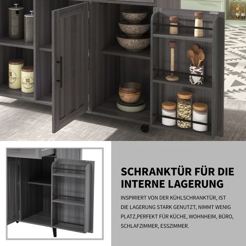 Buffet De Cuisine Extensible Avec Roulettes, 2 Tiroirs Et Étagères Réglables, Gris