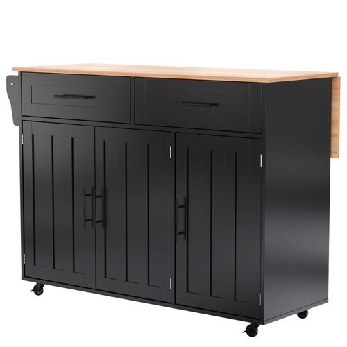 Buffet De Cuisine Extensible Avec Roulettes, 2 Tiroirs Et Étagères Réglables, Noir