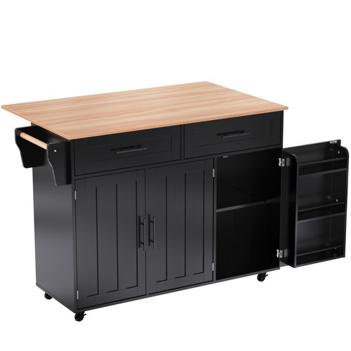 Buffet De Cuisine Extensible Avec Roulettes, 2 Tiroirs Et Étagères Réglables, Noir
