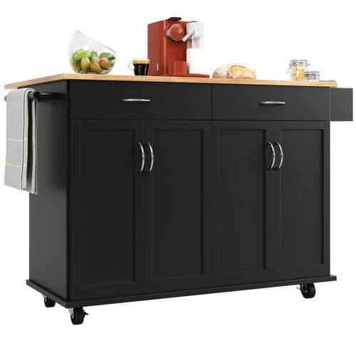 Îlot De Cuisine Multifonction Noir Avec Plateau Rabattable Et Rangements, 106×50×90,5 cm