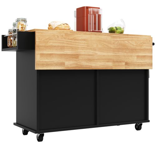 Îlot De Cuisine Multifonction Noir Avec Plateau Rabattable Et Rangements, 106×50×90,5 cm