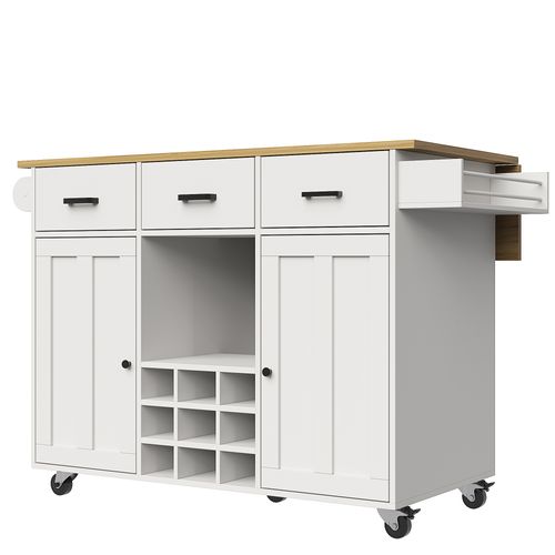 Chariot De Cuisine Blanc Avec Plan Rabattable, Tiroirs, Étagères Et Roulettes, 104×39,5×91,5 cm