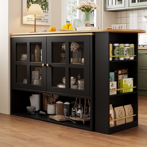 Buffet Rotatif 360° Extensible Avec Portes Vitrées Et Étagères Modulables, Noir