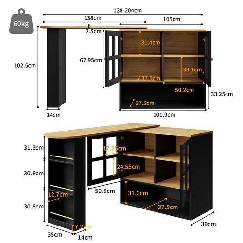 Buffet Rotatif 360° Extensible Avec Portes Vitrées Et Étagères Modulables, Noir