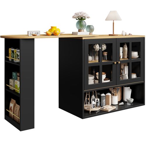 Buffet Rotatif 360° Extensible Avec Portes Vitrées Et Étagères Modulables, Noir