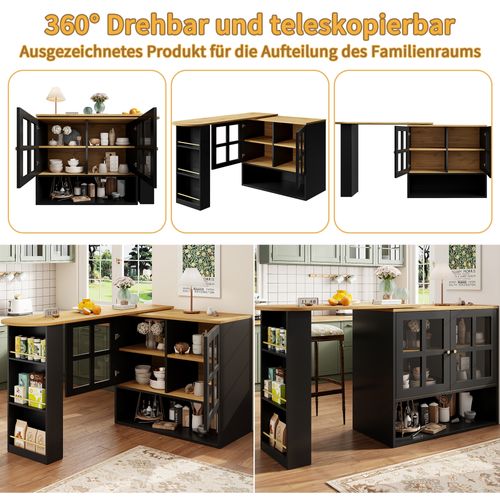 Buffet Rotatif 360° Extensible Avec Portes Vitrées Et Étagères Modulables, Noir