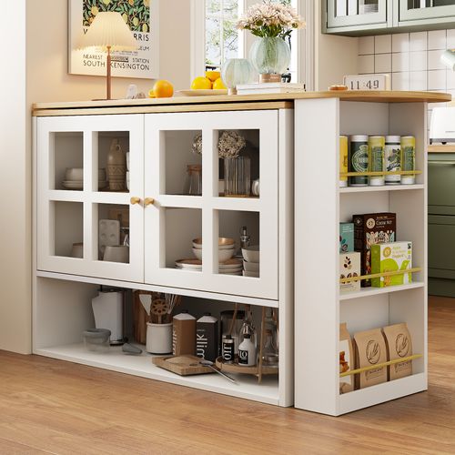 Buffet Rotatif 360° Extensible Avec Portes Vitrées Et Étagères Modulables, Blanc