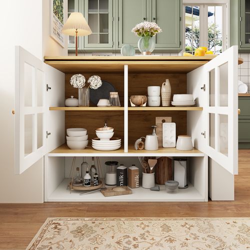 Buffet Rotatif 360° Extensible Avec Portes Vitrées Et Étagères Modulables, Blanc