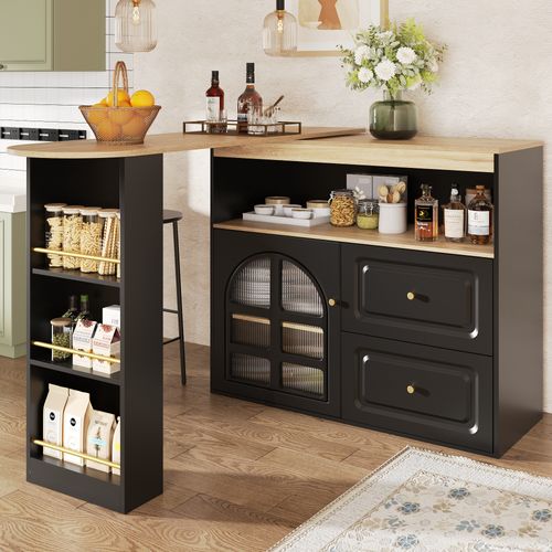 Buffet Rotatif 360° Avec Portes Vitrées Incurvées, Tiroirs Et Étagères, Noir