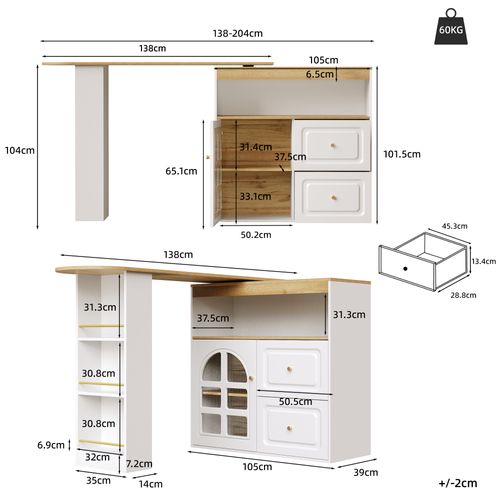 Buffet Rotatif 360° Avec Portes Vitrées Incurvées, Tiroirs Et Étagères, Blanc