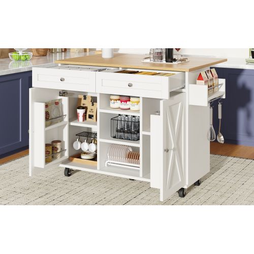 Îlot De Cuisine Moderne Blanc Avec Rangement Modulable Et Roulettes Mobiles