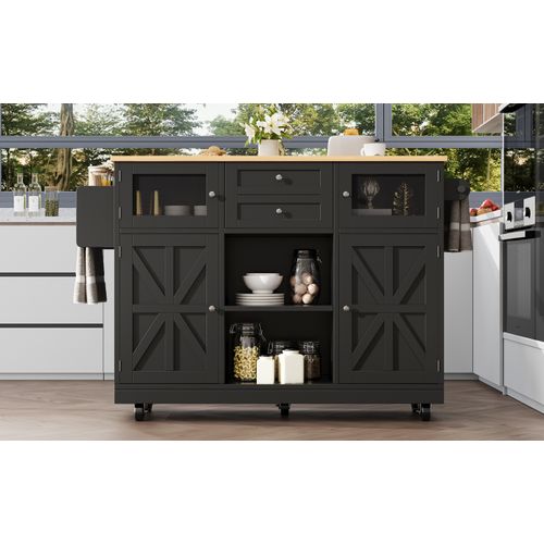 Îlot De Cuisine Multifonction Avec Plan Bois, Roulettes 360°, Rangement Modulable, Noir