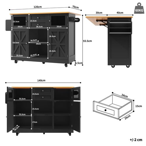 Îlot De Cuisine Multifonction Avec Plan Bois, Roulettes 360°, Rangement Modulable, Noir
