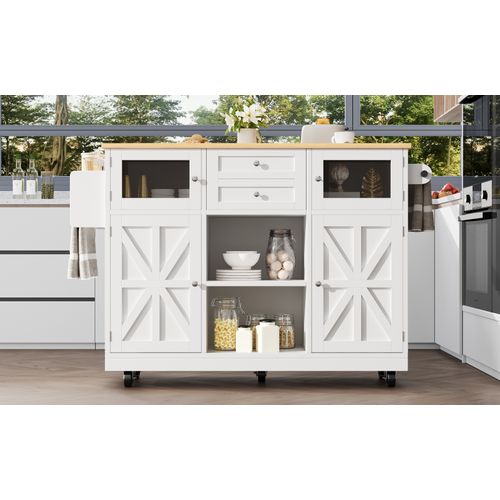 Îlot De Cuisine Multifonction Avec Plan Bois, Roulettes 360°, Rangement Modulable, Blanc