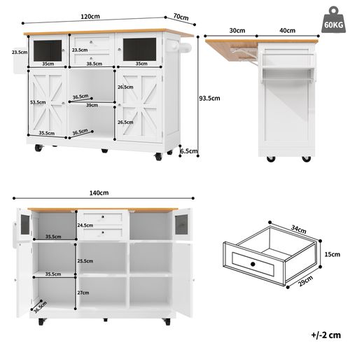 Îlot De Cuisine Multifonction Avec Plan Bois, Roulettes 360°, Rangement Modulable, Blanc