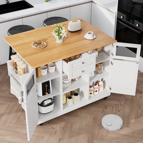 Îlot De Cuisine Multifonction Avec Plan Bois, Roulettes 360°, Rangement Modulable, Blanc
