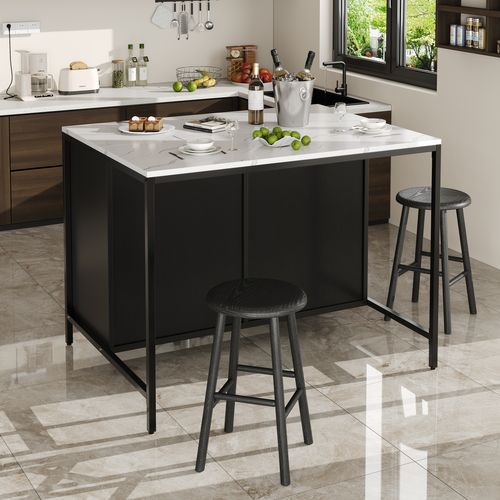 Îlot De Cuisine Noire Avec Plateau Effet Marbre, Rangement Et Pieds Réglables