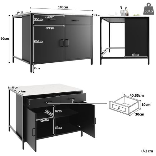 Îlot De Cuisine Noire Avec Plateau Effet Marbre, Rangement Et Pieds Réglables