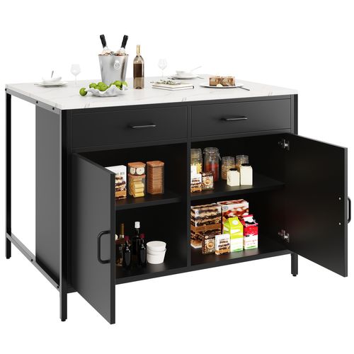 Îlot De Cuisine Noire Avec Plateau Effet Marbre, Rangement Et Pieds Réglables