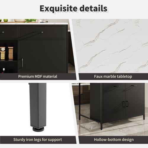 Îlot De Cuisine Noire Avec Plateau Effet Marbre, Rangement Et Pieds Réglables