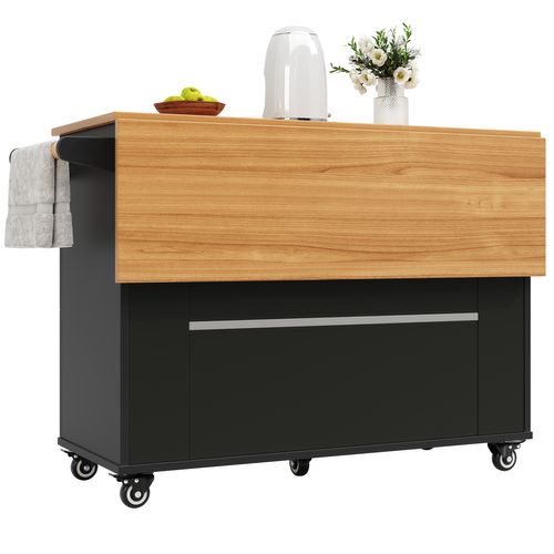 Îlot De Cuisine Moderne Avec Rangements Multifonctions, Design Bois, Noir