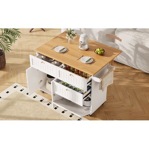 Îlot De Cuisine Moderne Avec Rangements Multifonctions, Design Bois, Blanc