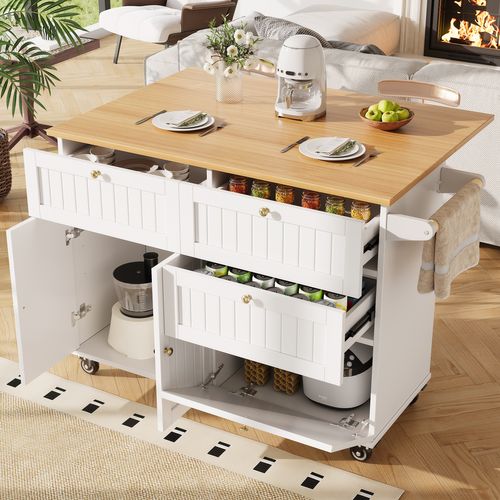 Îlot De Cuisine Moderne Avec Rangements Multifonctions, Design Bois, Blanc